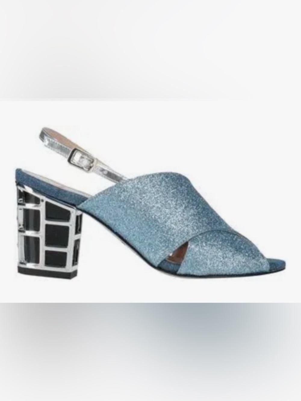 Sky blue glitter cross strap sandal by TIPE E TACCHI/mirror geo heel: Size 6